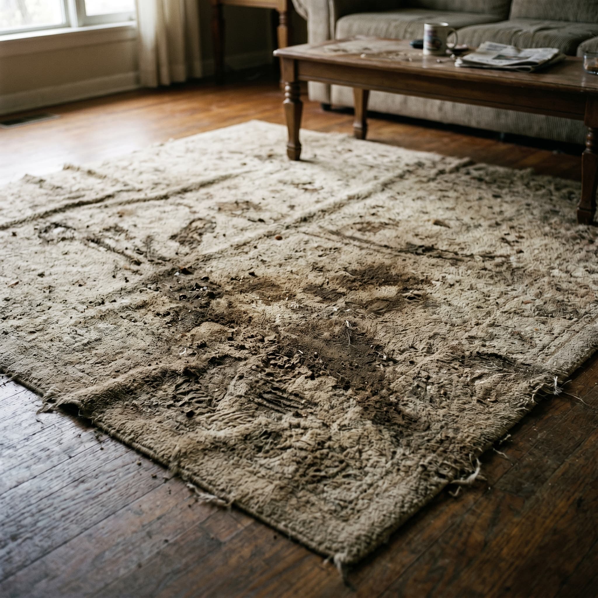 Dirty living room carpet with visible soil before carpet cleaning in Las Cruces